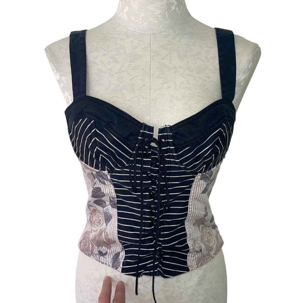 Paul Brial Vintage Womens Corset Top Size M Striped Floral Lace Up Smocked Back